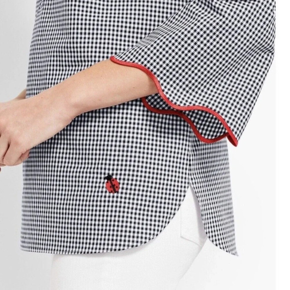 Talbots Women Plaid Gingham Blouse Large Black Casual Summer Cottagecore Boho - Picture 5 of 10